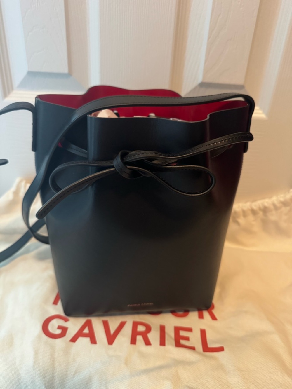 Mansur Gavriel Black Leather Bucket Bag with Red Interior